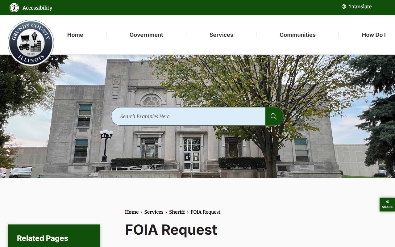 Grundy County Sheriff's FOIA request page with submission methods and fees