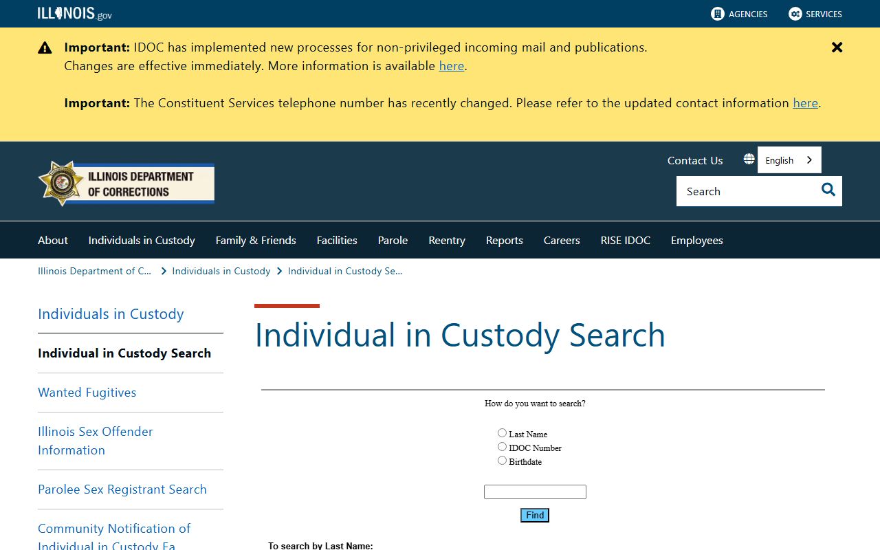 Illinois Department of Corrections Individual in Custody Search landing page